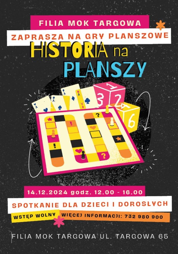 Plakat informujący o wydarzeniu planszówki w MOK Targowa