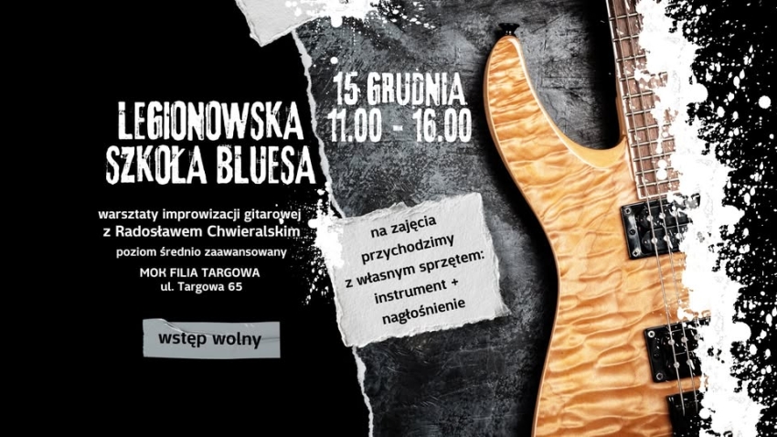 Grafika informująca o bezpłatnych warsztatach improwizacji gitarowej z Radosławem Chwieralskim