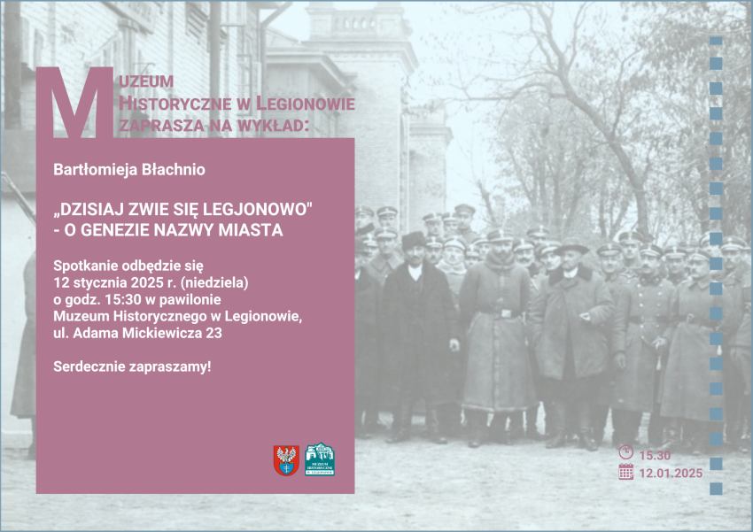 Plakat promujący wykład, w tle stare zdjęcie z ludźmi