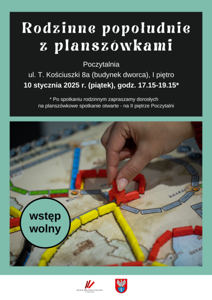 Plakat informujący o rodzinnym popołudniu z planszówkami
