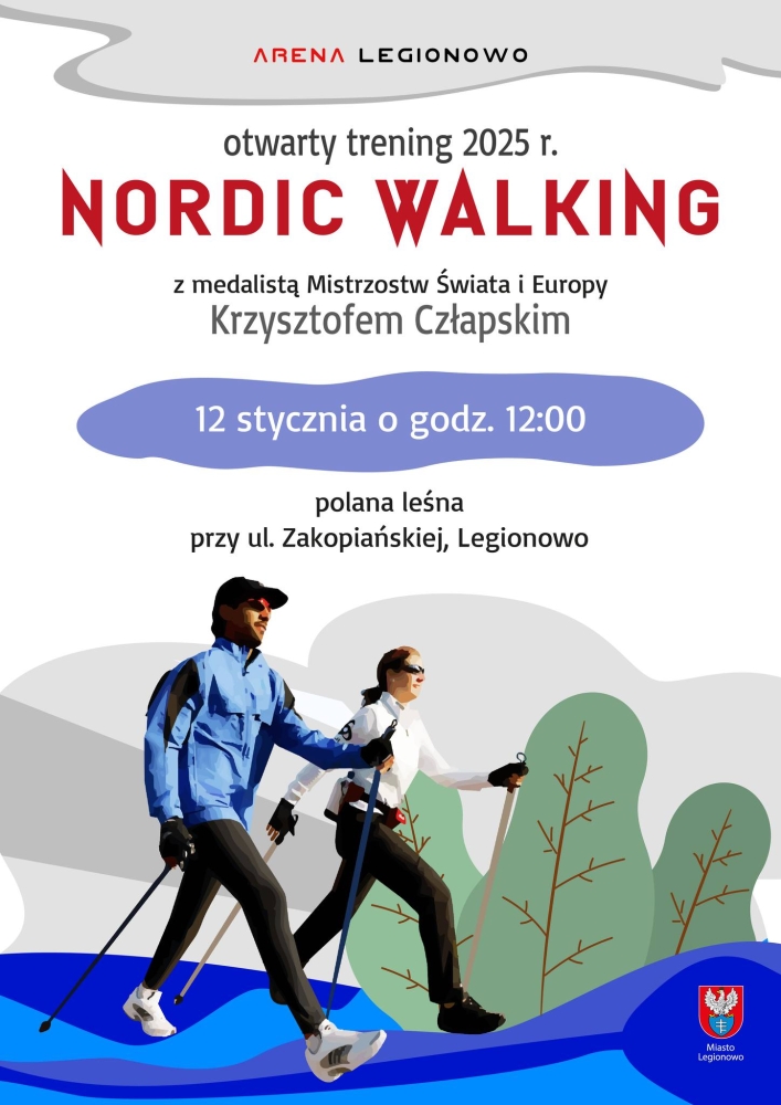 Plakat promujący Otwarty Trening Nordic Walking