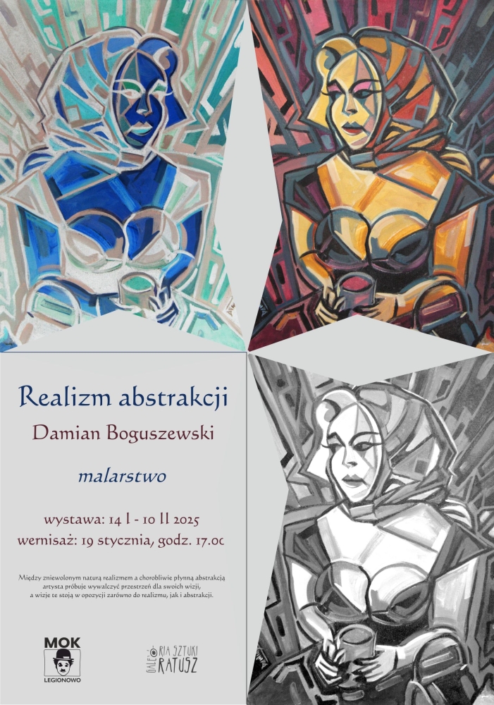 Grafika informująca o wernisażu wystawy Damiana Boguszewskiego 
