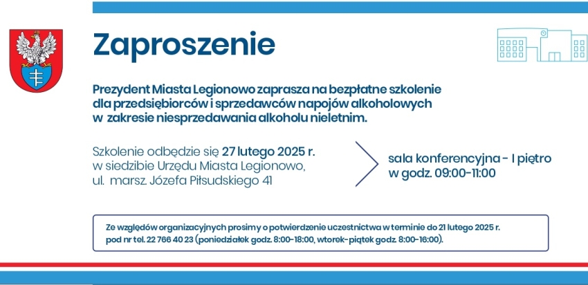 Grafika informująca o bezpłatne szkolenie dla przedsiębiorców i sprzedawców napojów alkoholowych w zakresie niesprzedawania alkoholu nieletnim