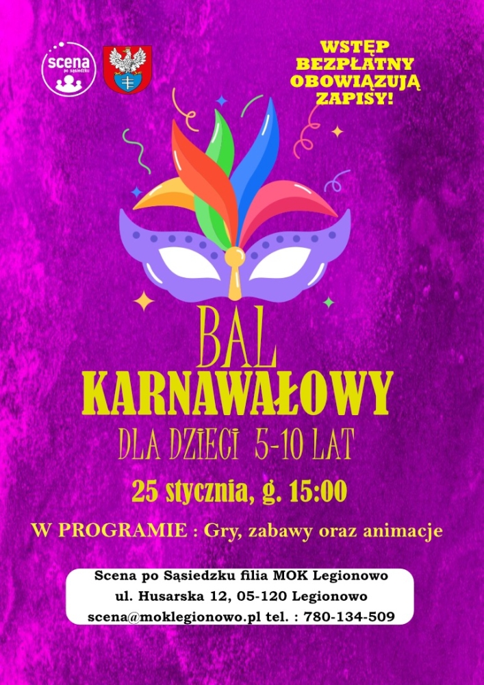Grafika informująca o balu karnawałowy dla dzieci