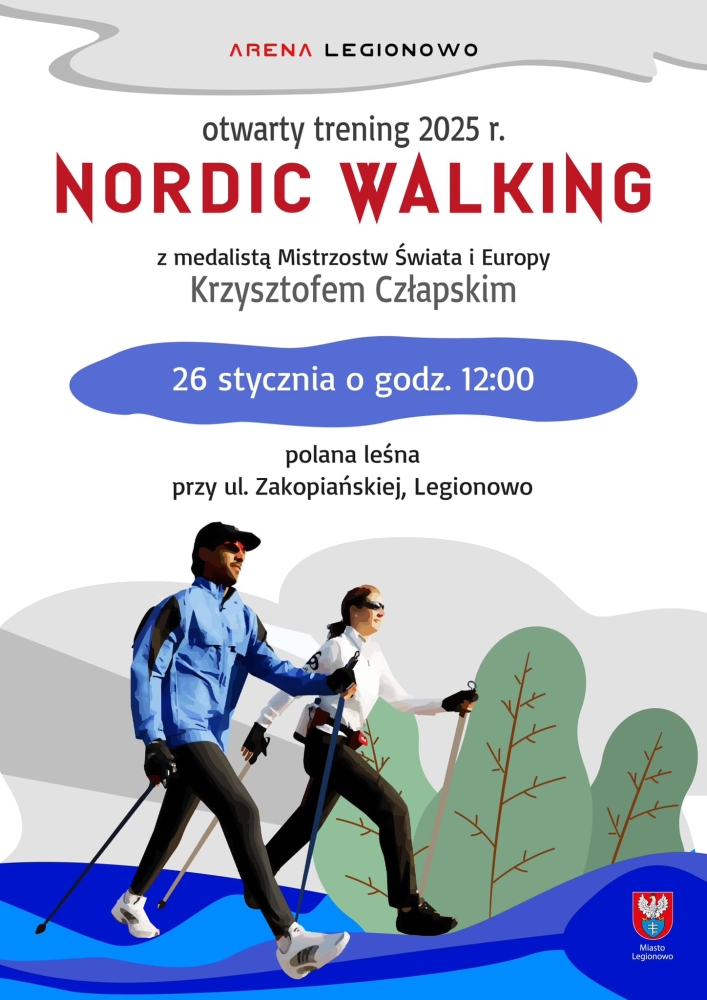 Plakat promujący Otwarty Trening Nordic Walking