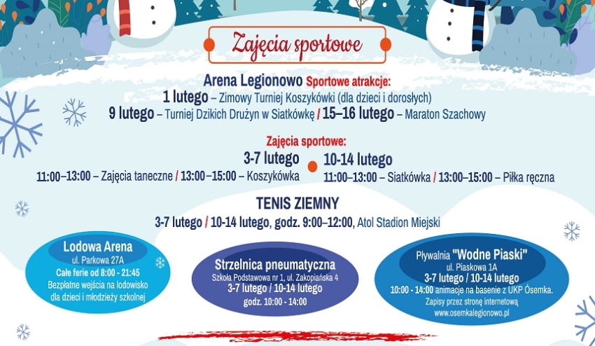 Grafika informująca o feriach zimowych na sportowo dla dzieci
