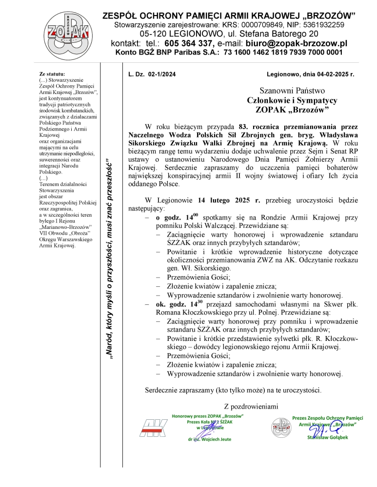Zaproszenie na obchody 83. rocznicy utworzenia Armii Krajowej