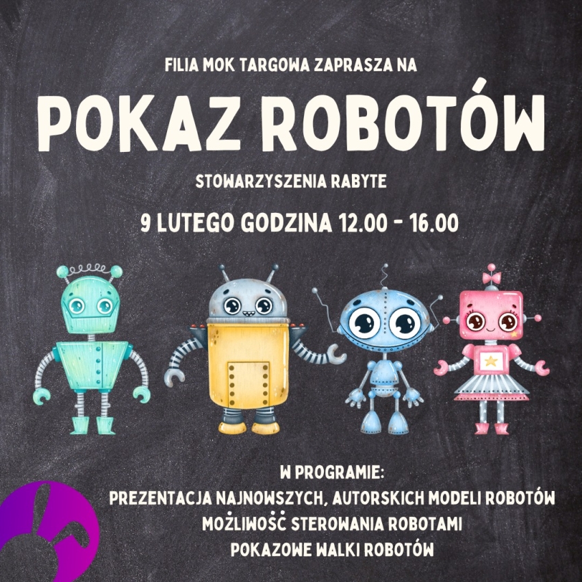 Grafika infoirmująca o pokazie robotów Stowarzyszenie Rabyte w MOK Targowa