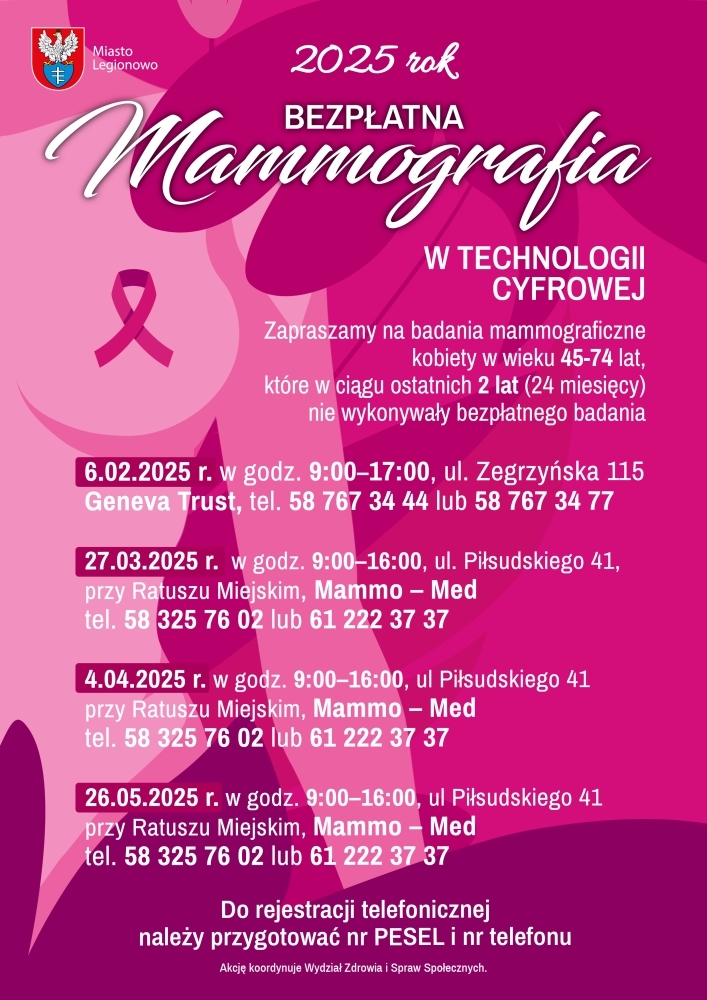 Plakat informujący o terminach badań mammograficznych w Legionowie