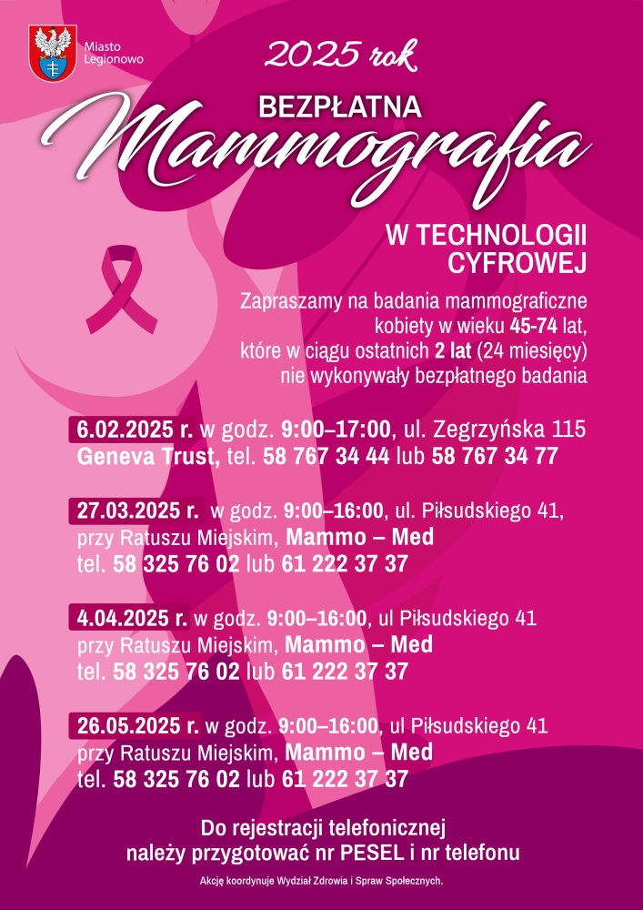 Plakat informujący o terminach badań mammograficznych w Legionowie