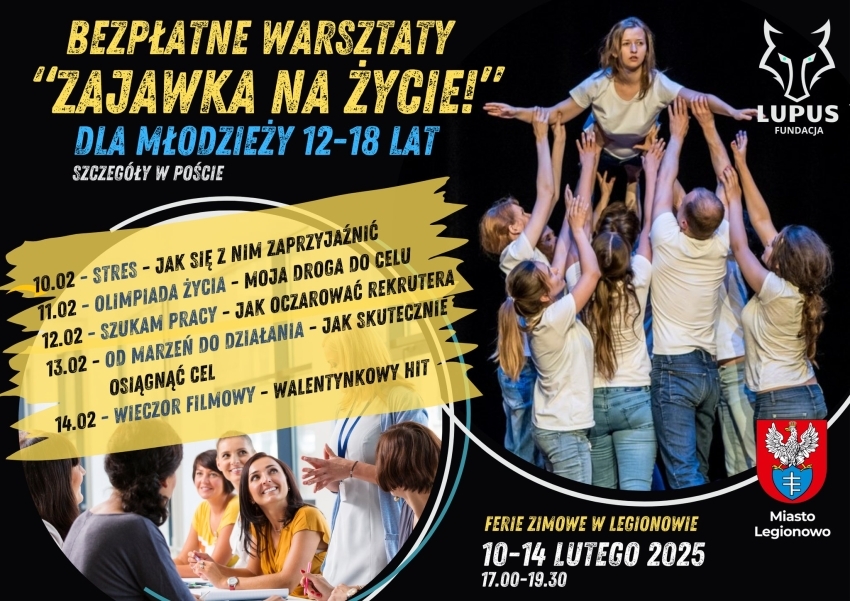 Grafika informująca o bezpłatnych warsztatach dla młodzieży