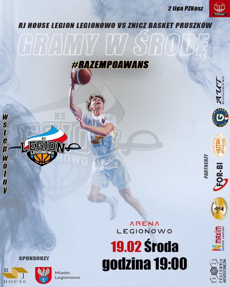 Grafika informująca o meczu RJ House Legion Legionowo - Znicz Basket Pruszków