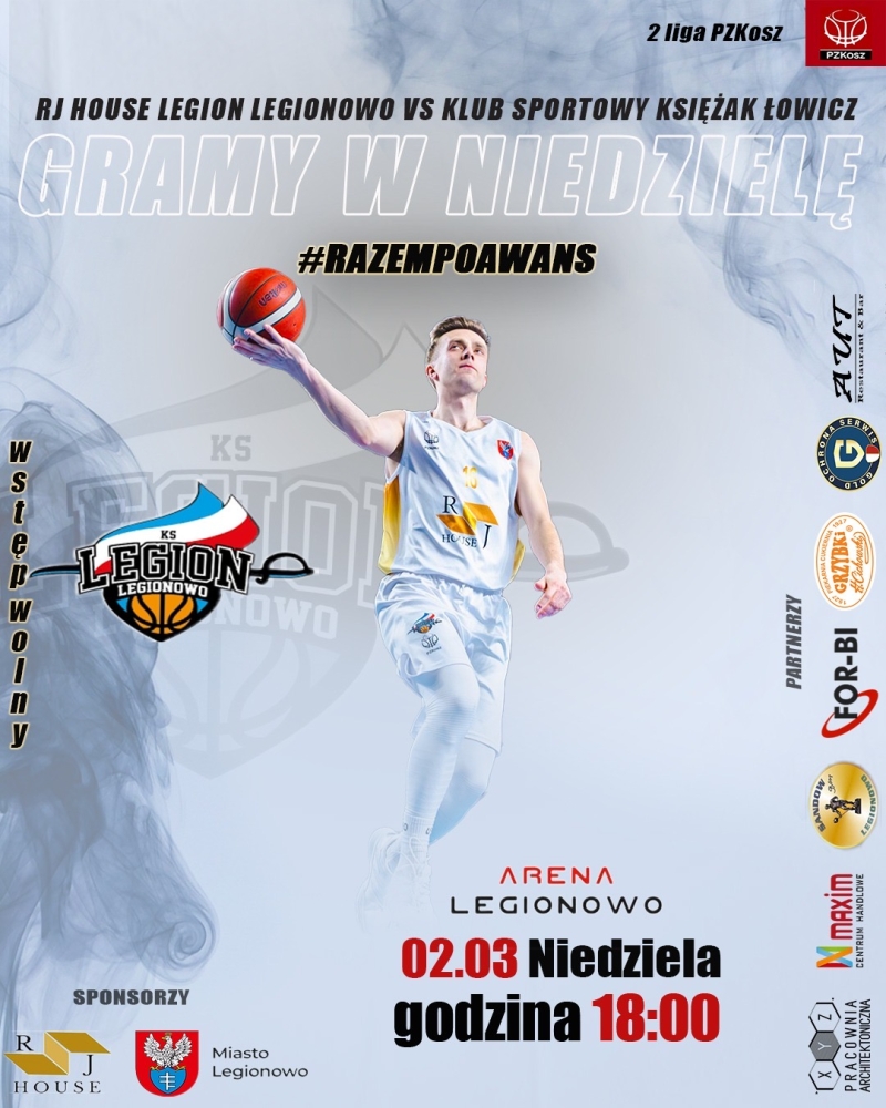 Grafika informująca o meczu RJ House Legion Legionowo - Klub Sportowy Księżak Łowicz