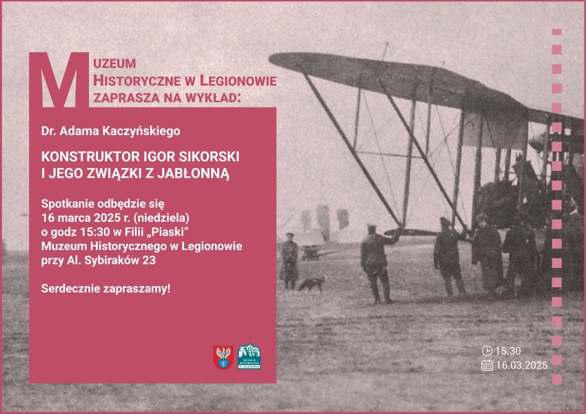Plakat informujący o wykładzie:Konstruktor Igor Sikorski i jego związki z Jabłonną