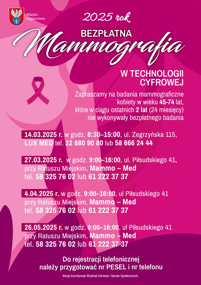 Plakat informujący o terminach badań mammograficznych w Legionowie
