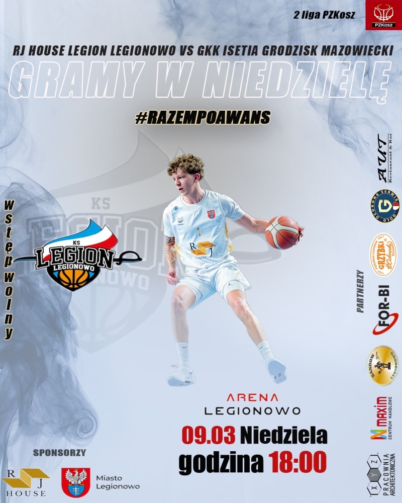 Grafika informująca o meczu RJ House Legion Legionowo - GKK Isetia Grodzisk Mazowiecki