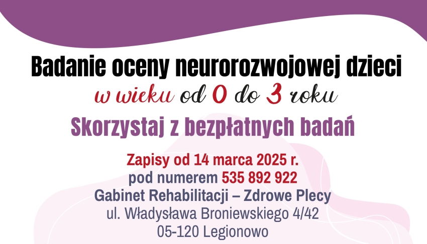 Plakat informujący o bezpłatnym badaniu oceny neurorozwojowej dziecka