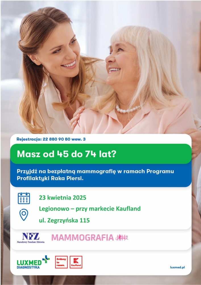Plakat informujący o terminach badań mammograficznych w Legionowie
