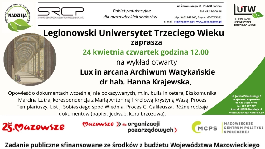 Grafika informująca o Wykładzie otwartym: Lux in arcana Archiwum Watykańskie
