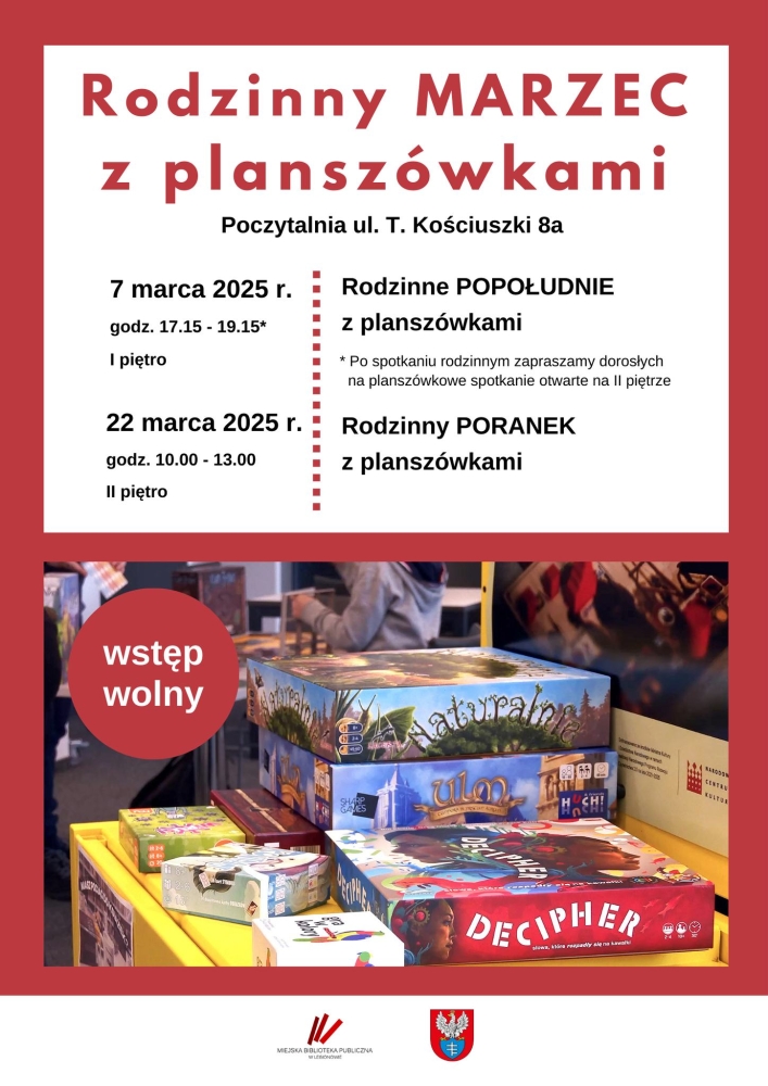 Plakat informujący o rodzinnym popołudniu z planszówkami