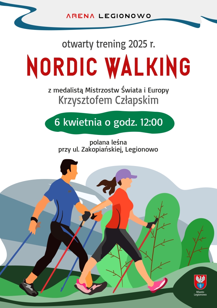 Plakat promujący Otwarty Trening Nordic Walking