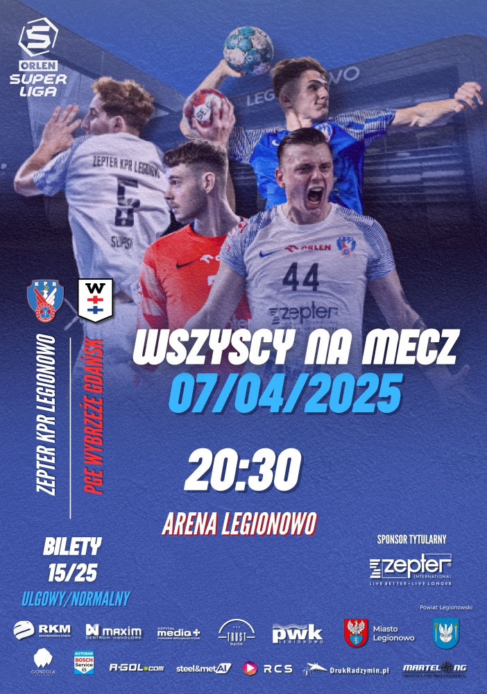 Plakat informujący o meczu piłki ręcznej Zepter KPR Legionowo - PGE Wybrzeże Gdańsk