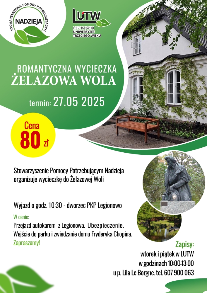 Plakat informujacy o wycieczce do Żelazowej Woli