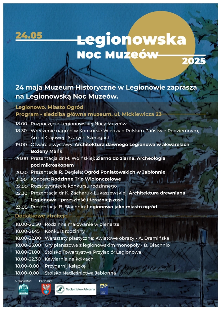 granatowy plakat z napisami i zarysem budynku