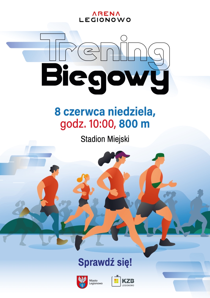 plakat w biało niebieskich kolorach z biegaczami