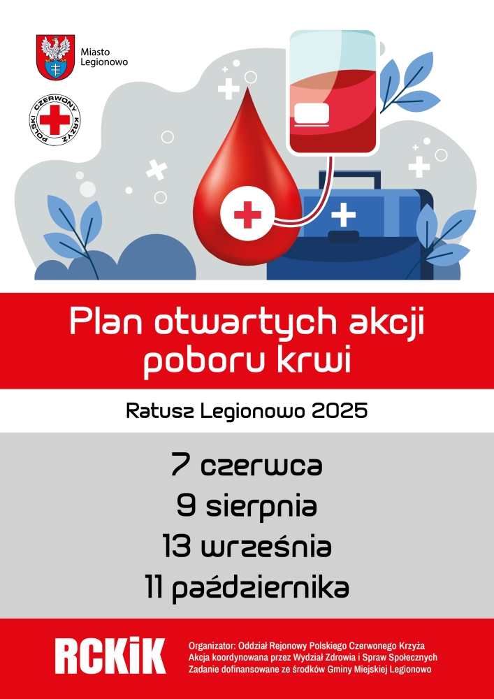 Biało czerwony plakat z kroplą krwi i napisami