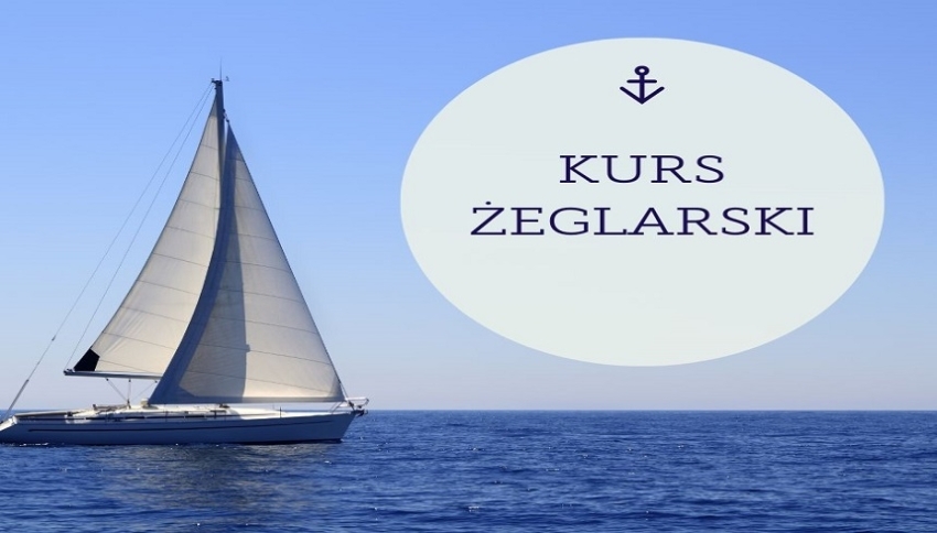 Żaglówka i napis kurs żeglarski