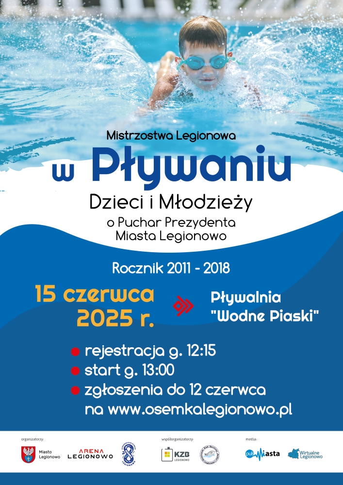 plakat w kolorze niebieskim z dzieckiem pływającym w basenie
