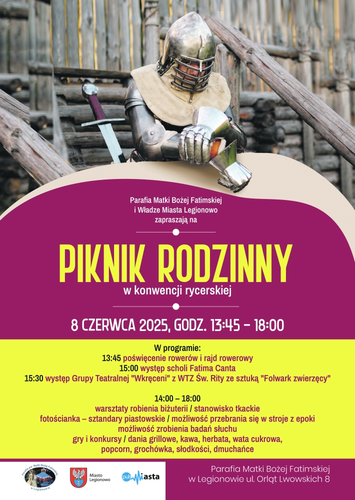 plakat żółto-bordowy z rycerzem  i napisami