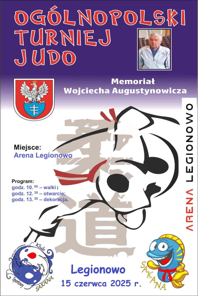 plakat biało fioletowy ze zdjęciem Wojciecha Augustonowicza