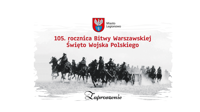 czerwony napis, w tle wojsko na koniach - czarno biała grafika