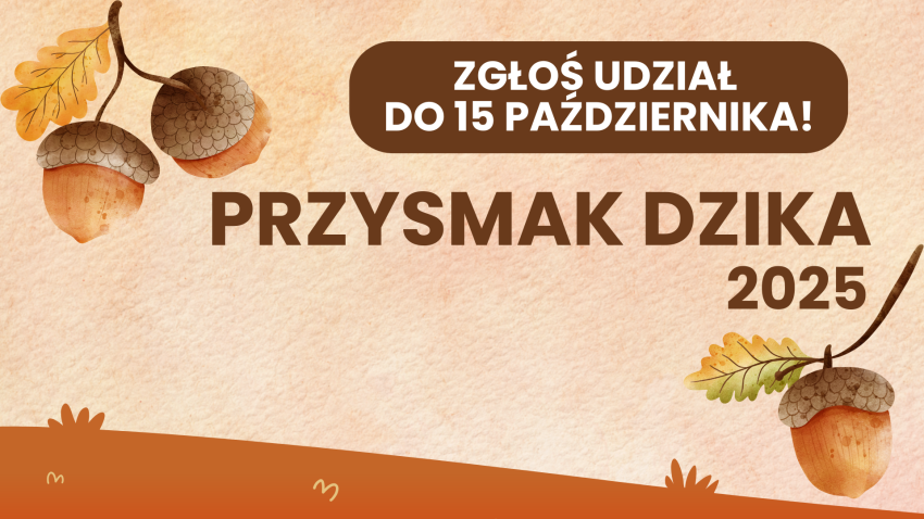 kolory jesieni, grafika żołędzi, napis z nazwą konkursu