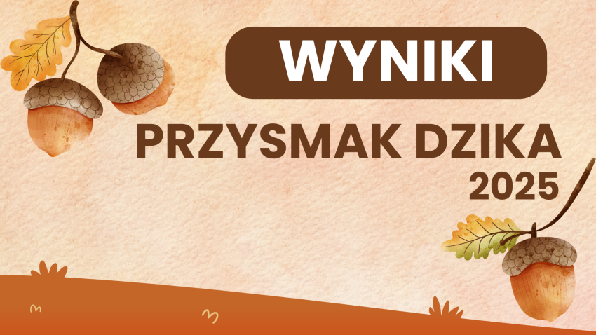 kolory jesieni, grafika żołędzi, napis z nazwą konkursu