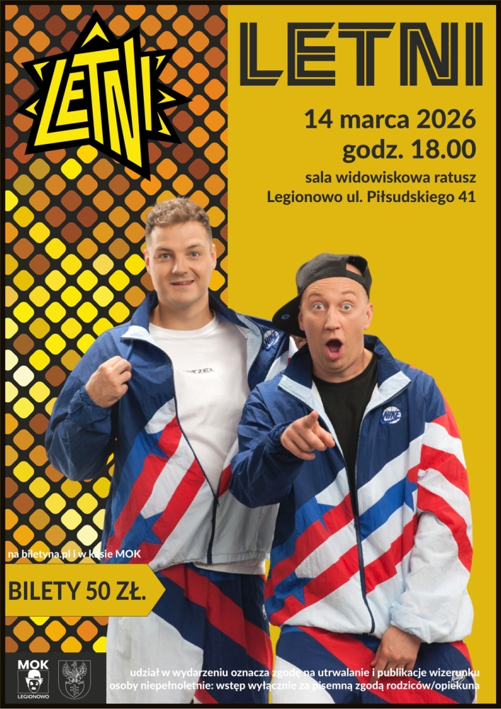 żółte tło, czarne napisy, zdjęcie dwóch mężczyzn