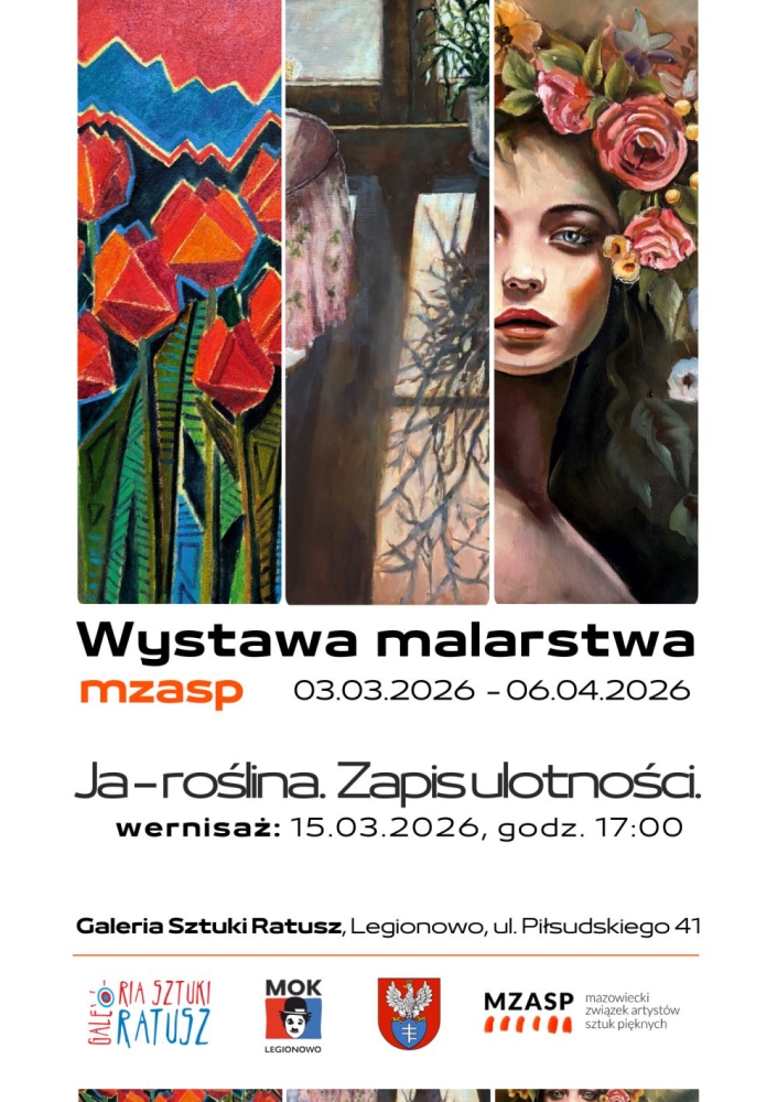 plakat 3 obrazy, pod spodem opis wydarzenia czarne napisy na białym tle