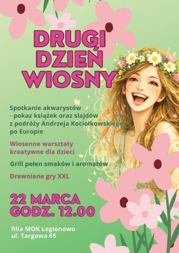 plakat, na zielonym tle uśmiechnięta dziewczynka, różowe napisy opisujące wydarzenie