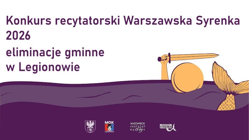 plakat, tło na górze białe na dole fioletowe. pomarańczowa syrenka