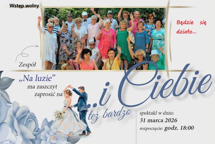 plakat, szare tło, na dolnej części tańcząca młoda para na górze zdjęcie zespołu Na luzie