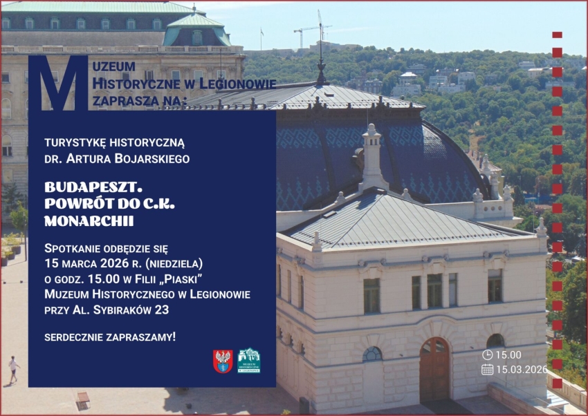 plakat z dużym budynkiem w tle, po lewej stronie na granatowym tle opis wydarzenia