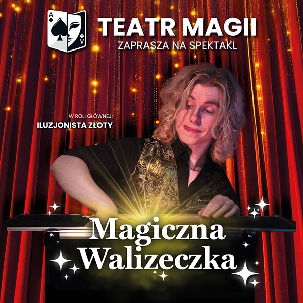 plakat  zdjęcie magika na tle czerwonej zasłony
