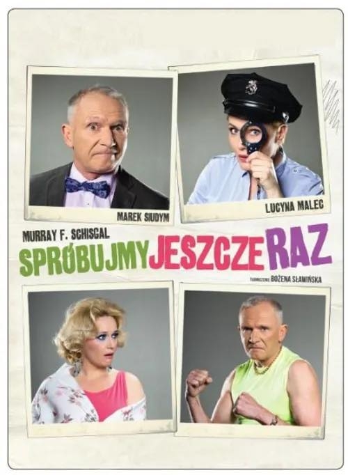 plakat - tło w  beżowym kolorze na tle zdjęcia aktorów