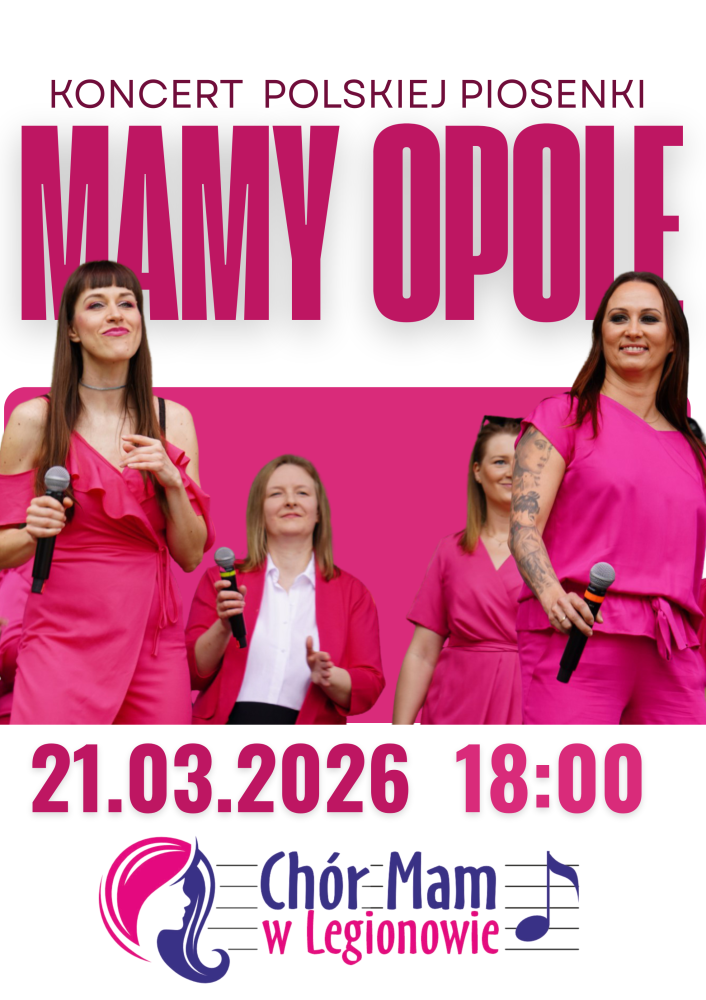 plakat, biało różowe tło , zdjęcie czterech kobiet w różowy ubraniu z mikrofonem