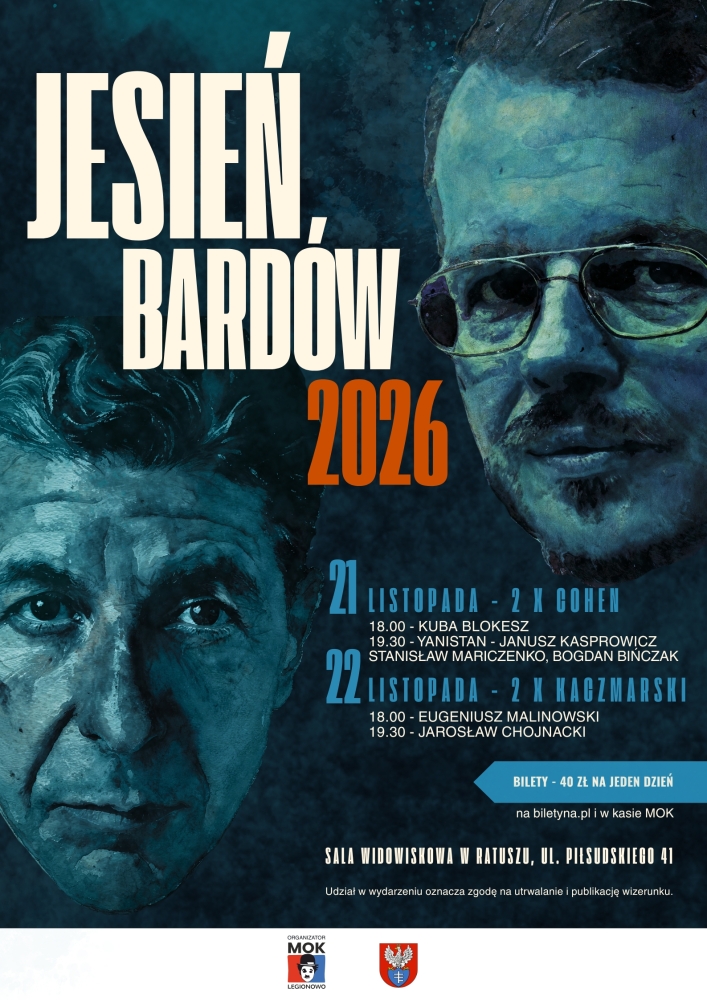 plakat opis wydarzenia białe napisy a w tle zdjęcie dwóch mężczyzn kolor plakatu ciemny granat