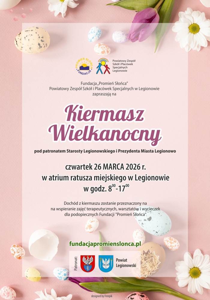 Plakat na różowym tle na górze i na dole tulipany, jajeczka wielkanocne i opis wydarzenia