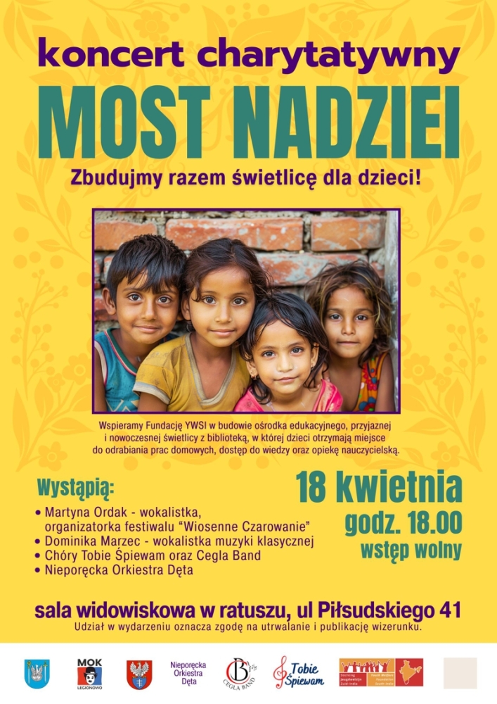 plakat na żółtym tle zdjęcie dzieci i opis wydarzenia