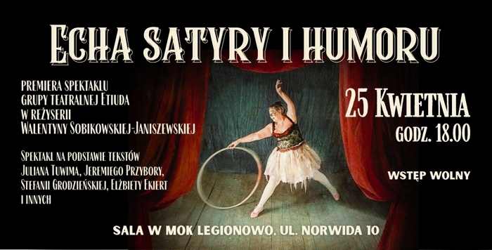 plakat scena teatru z kurtyną na środku sceny baletnica z hula hop